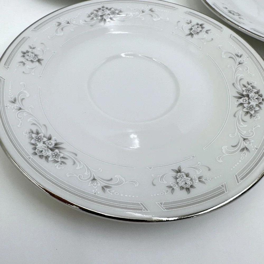 Nitto Cotillion S74 Saucers Set 3 White Grey Floral Platinum Trim Japan Vintage